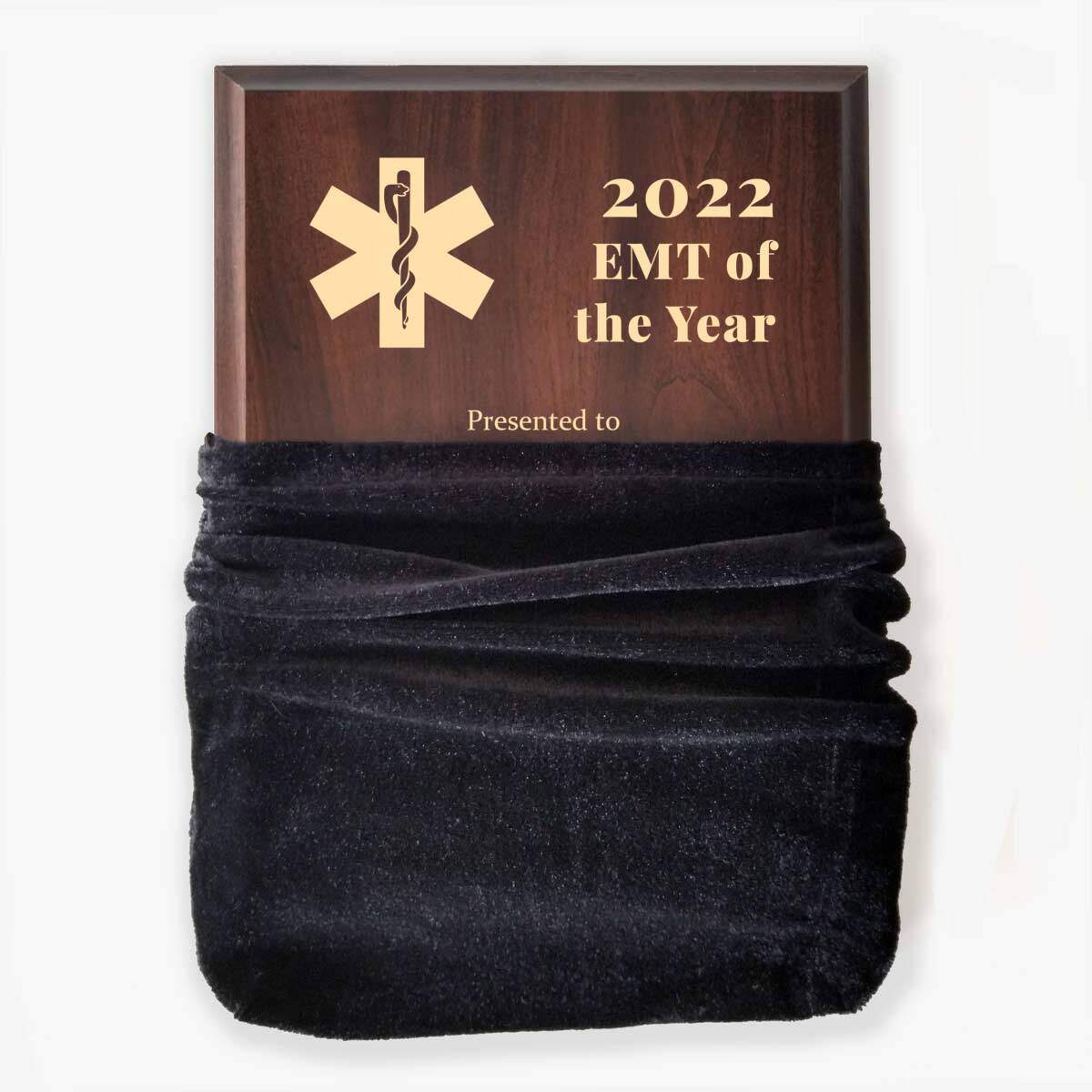 Photo of plaque inside the optional velvet gift bag, showing some of the printed design.