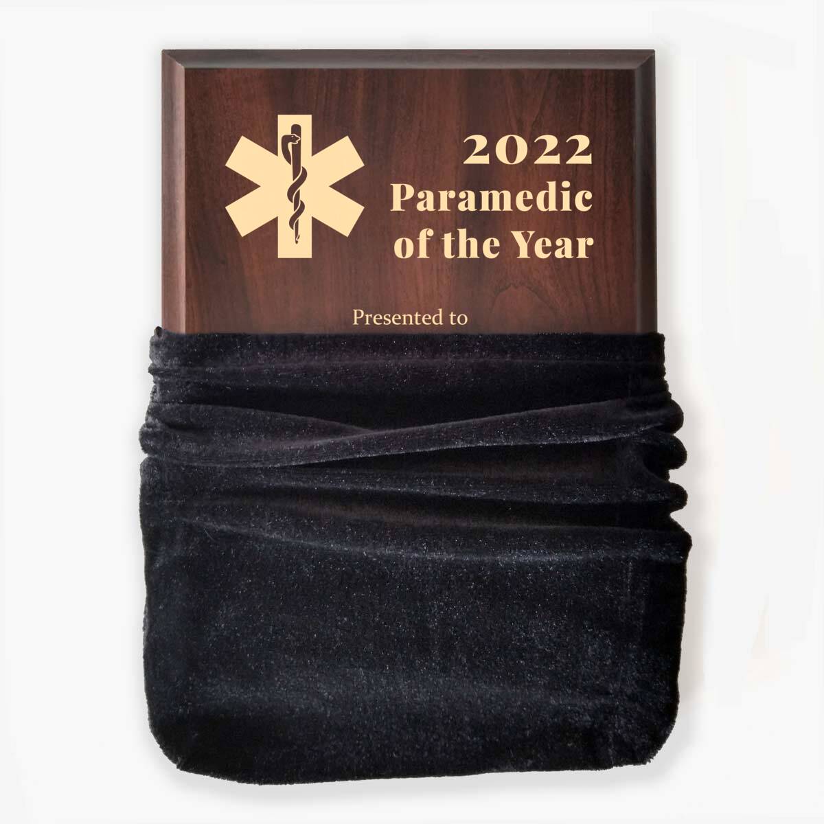 Photo of plaque inside the optional velvet gift bag, showing some of the printed design.