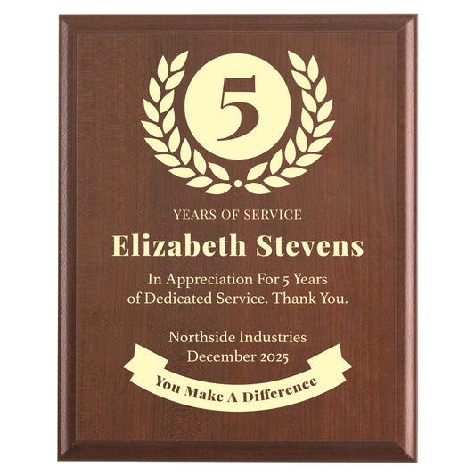 Plaque photo: 5 Years of Service award design with free personalization. Wood style finish with customized text.