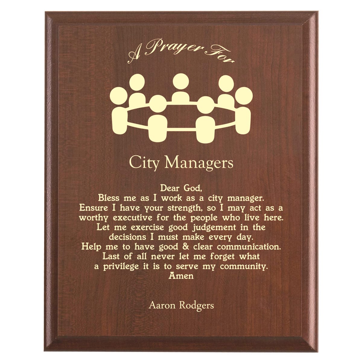 Plaque photo: Designed for City Managers with free personalization. Wood style finish with customized text.