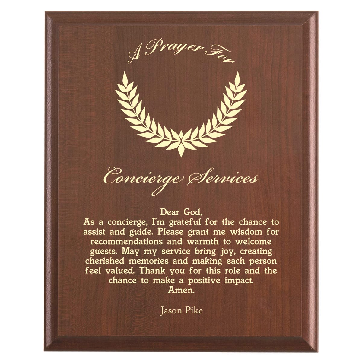 Plaque photo: Designed for Concierges with free personalization. Wood style finish with customized text.