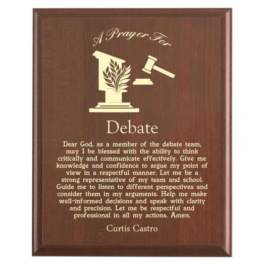 Plaque photo: Designed for Debate Team Members with free personalization. Wood style finish with customized text.