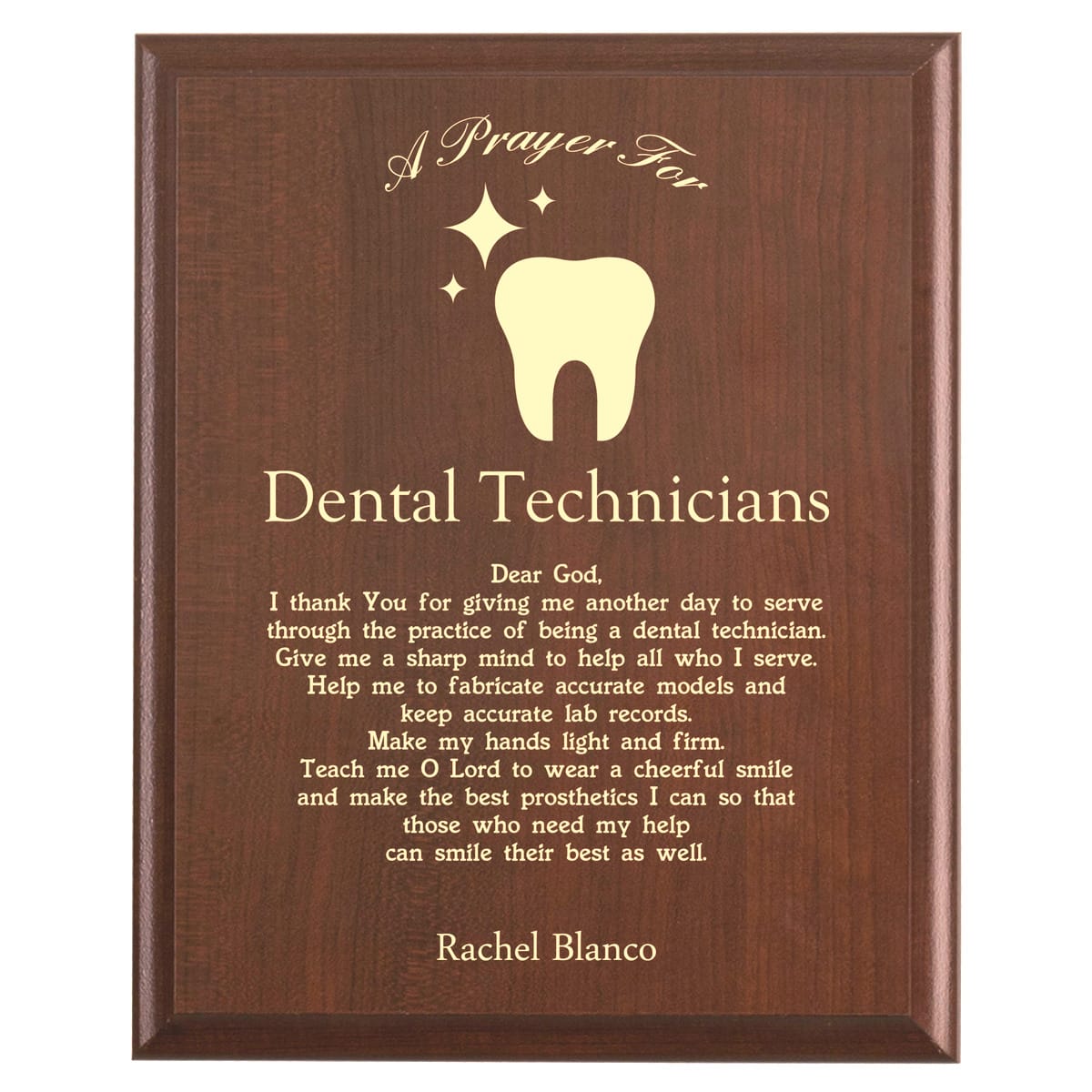Plaque photo: Designed for Dental Technicians with free personalization. Wood style finish with customized text.