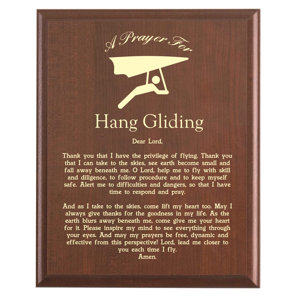 Plaque photo: Designed for Hang Glider Pilots with free personalization. Wood style finish with customized text.