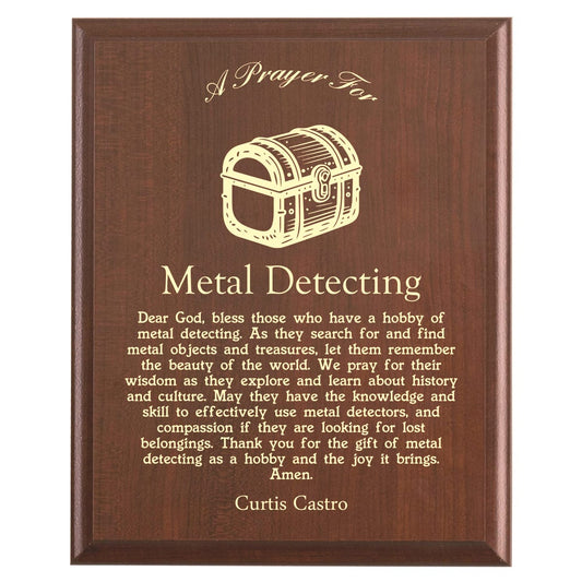 Plaque photo: Designed for Metal Detecting with free personalization. Wood style finish with customized text.