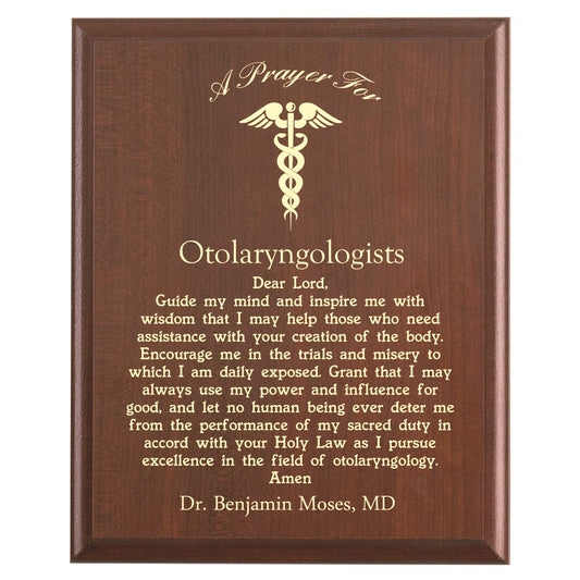 Plaque photo: Designed for Otolaryngologists with free personalization. Wood style finish with customized text.