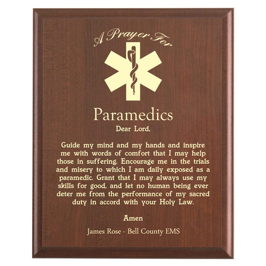 Plaque photo: Designed for Paramedics with free personalization. Wood style finish with customized text.