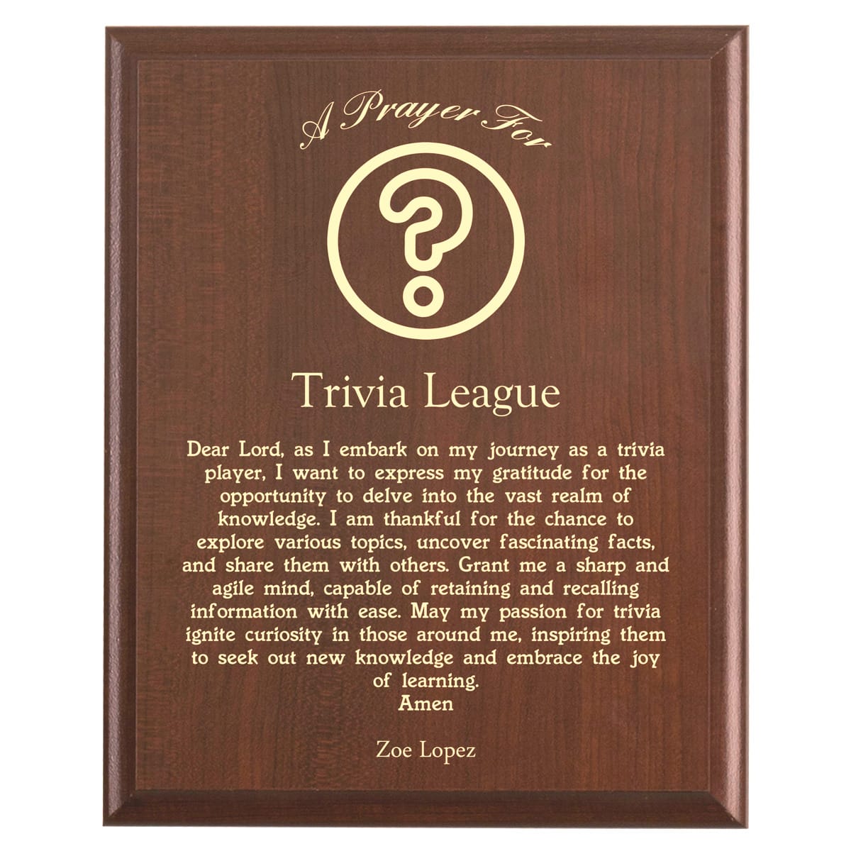 Plaque photo: Designed for Trivia Competitors with free personalization. Wood style finish with customized text.