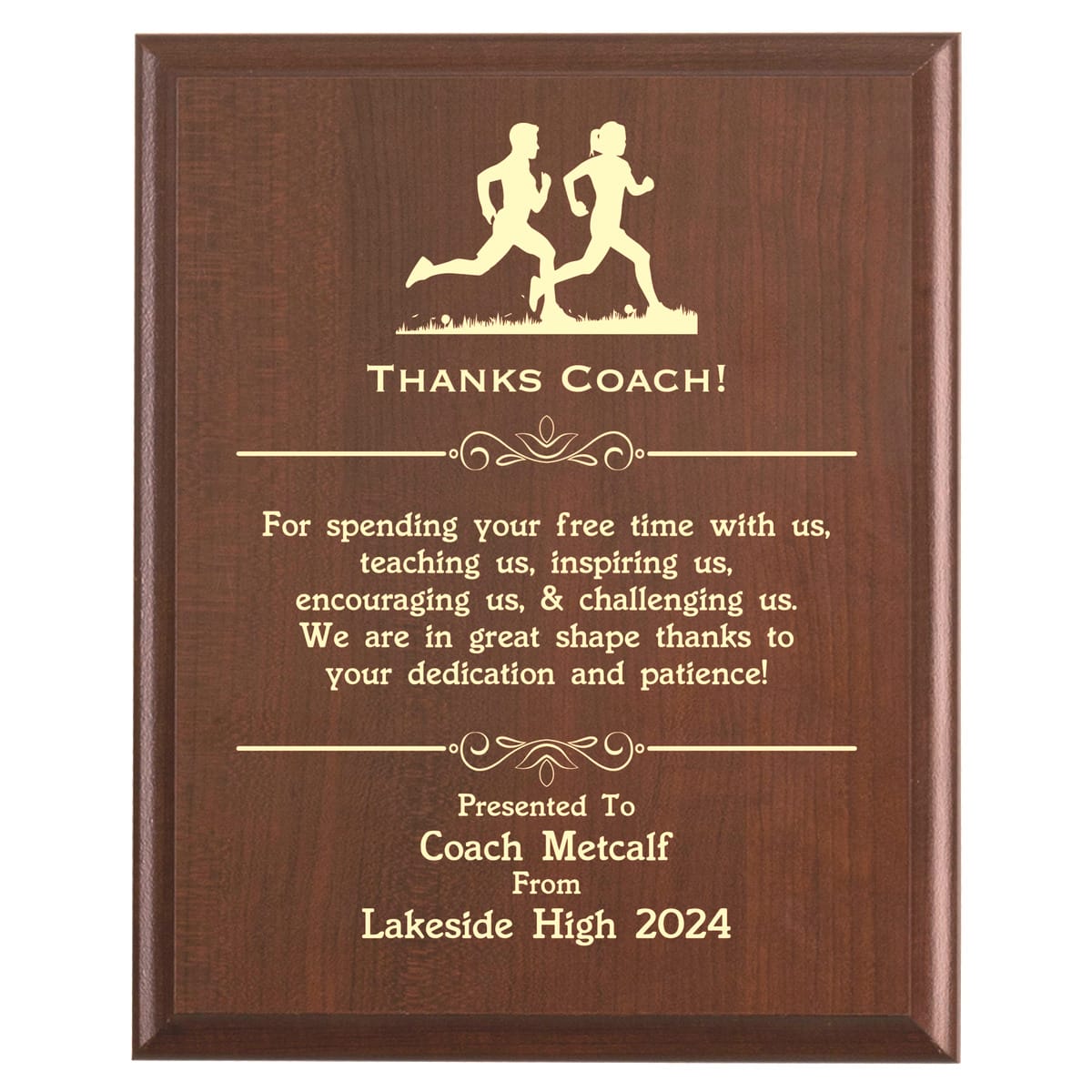 Plaque photo: Designed for Cross Country Coaches with free personalization. Wood style finish with customized text.