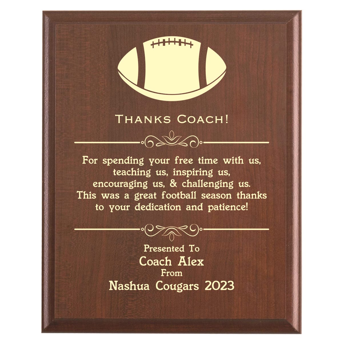 Plaque photo: Designed for Football Coaches with free personalization. Wood style finish with customized text.