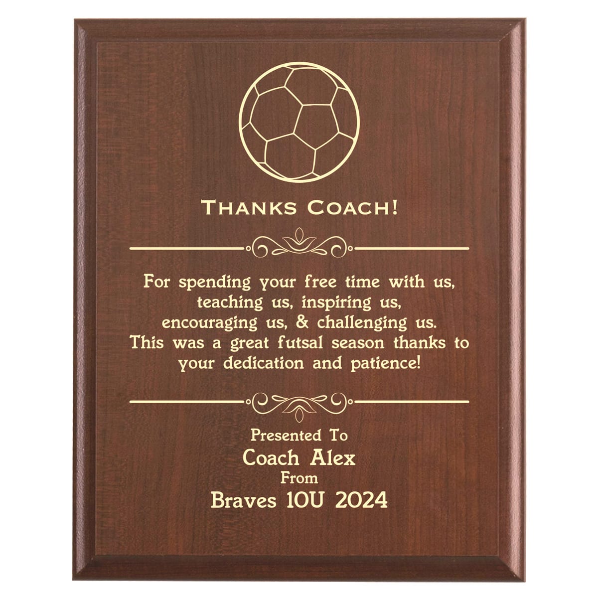 Plaque photo: Designed for Futsal Coaches with free personalization. Wood style finish with customized text.
