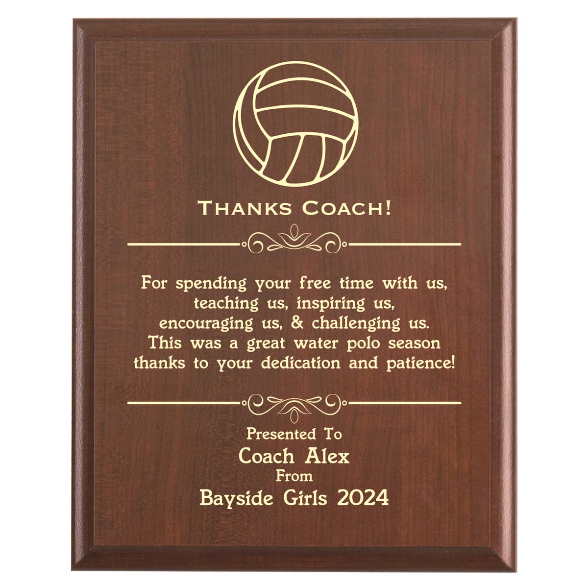 Plaque photo: Designed for Water Polo Coaches with free personalization. Wood style finish with customized text.