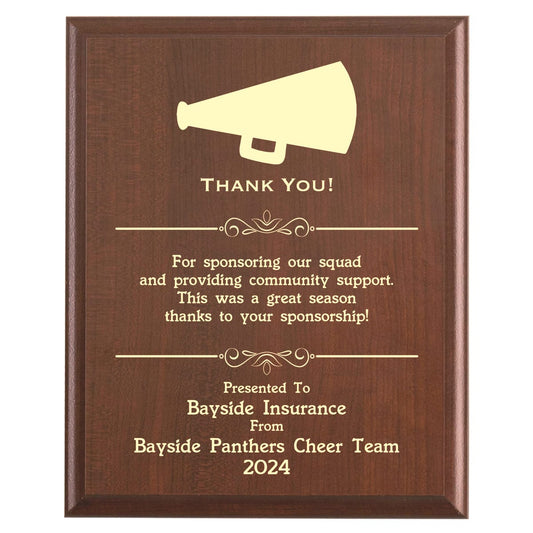 Plaque photo: Designed for Sponsors with free personalization. Wood style finish with customized text.