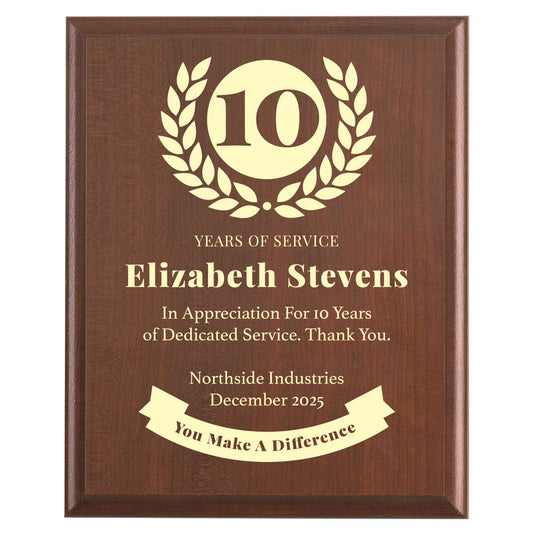 Plaque photo: 10 Years of Service award design with free personalization. Wood style finish with customized text.