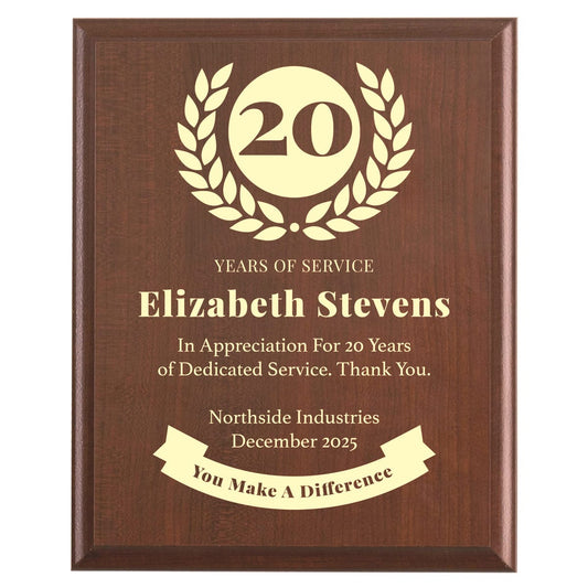 Plaque photo: 20 Years of Service award design with free personalization. Wood style finish with customized text.
