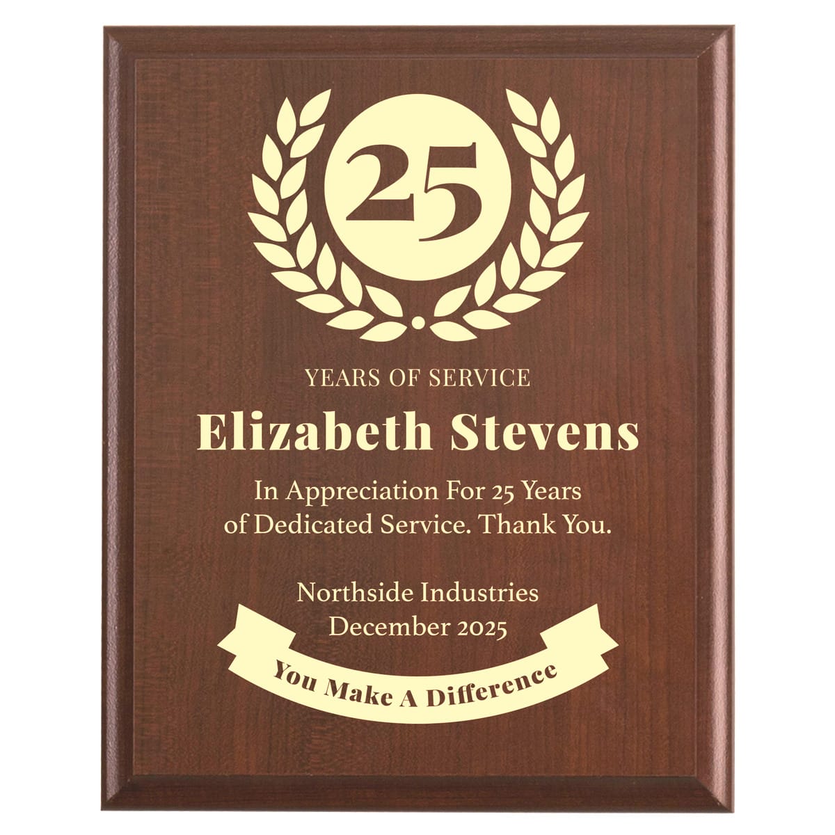 Plaque photo: 25 Years of Service award design with free personalization. Wood style finish with customized text.