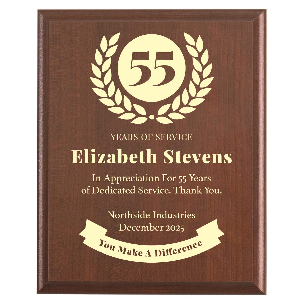 Plaque photo: 55 Years of Service award design with free personalization. Wood style finish with customized text.