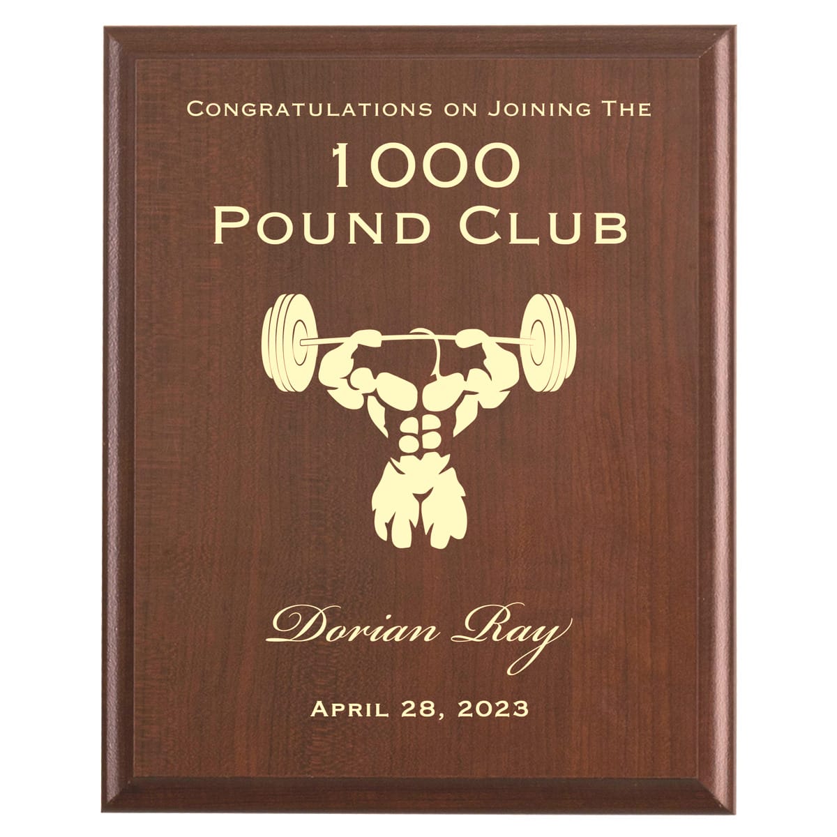 Plaque photo: 1000 Pound Club Award design with free personalization. Wood style finish with customized text.