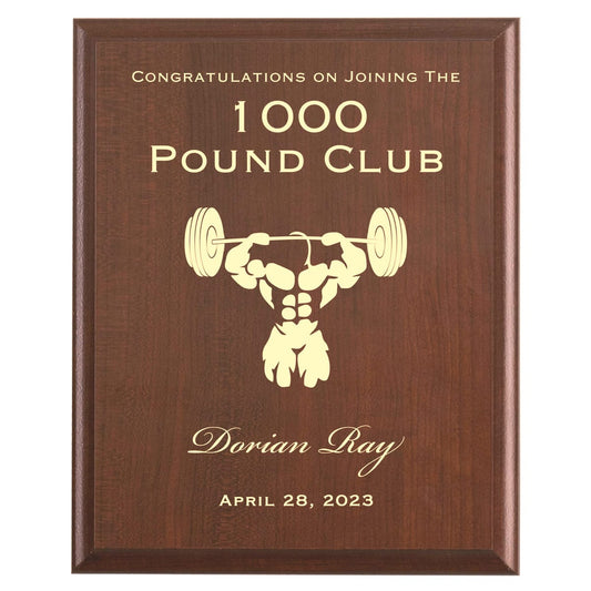 Plaque photo: 1000 Pound Club Award design with free personalization. Wood style finish with customized text.