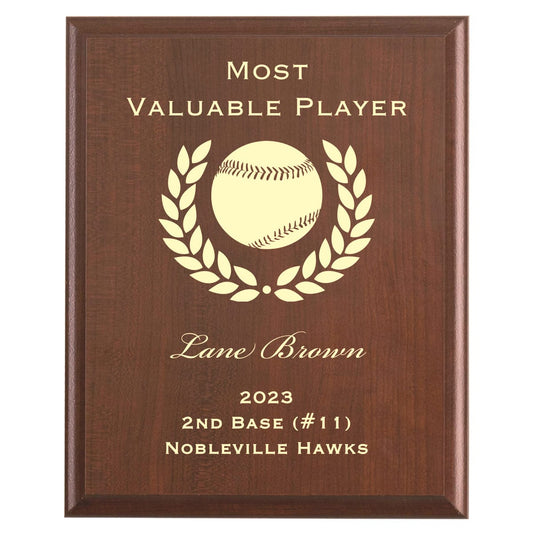Plaque photo: Baseball MVP Award design with free personalization. Wood style finish with customized text.
