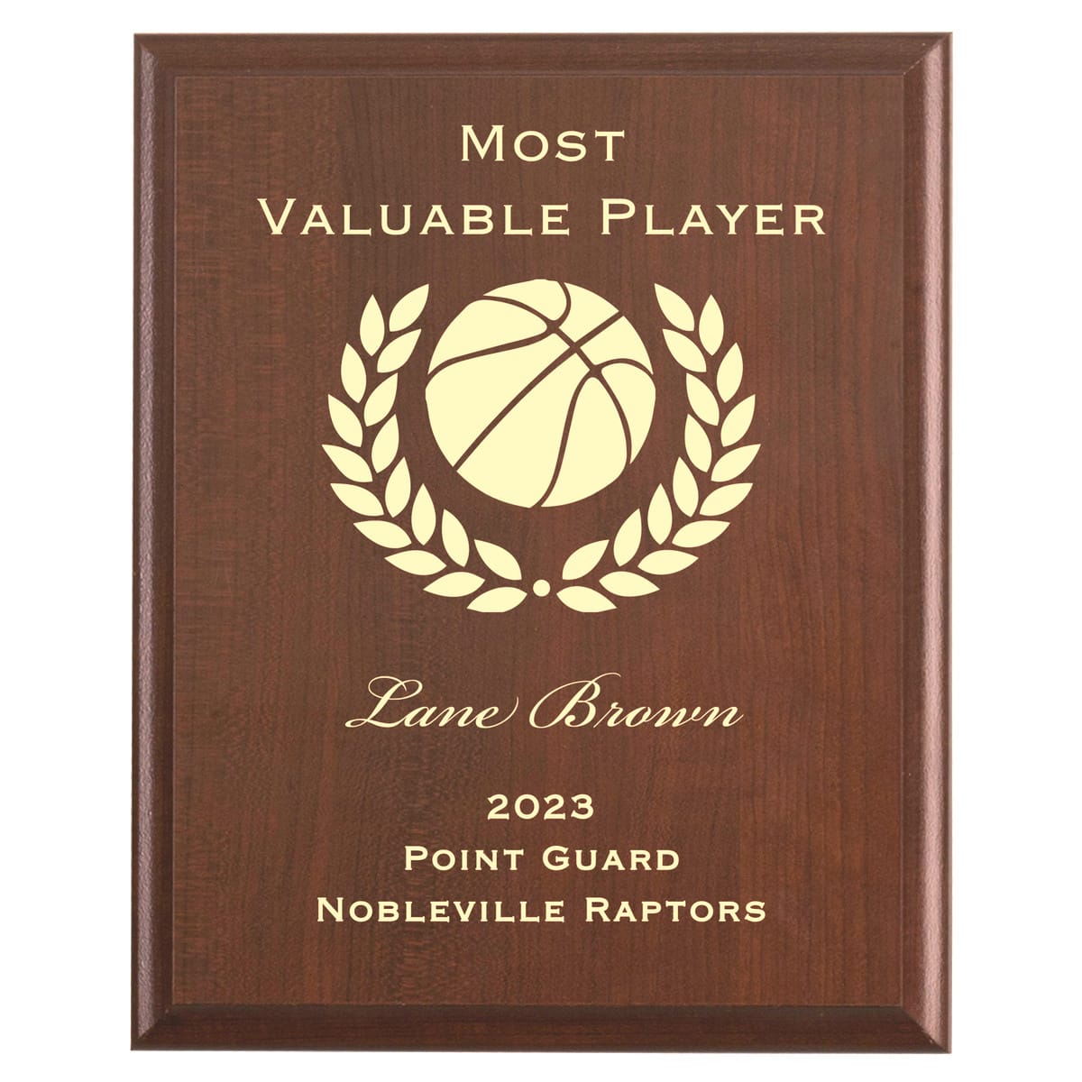 Plaque photo: Basketball MVP Award design with free personalization. Wood style finish with customized text.