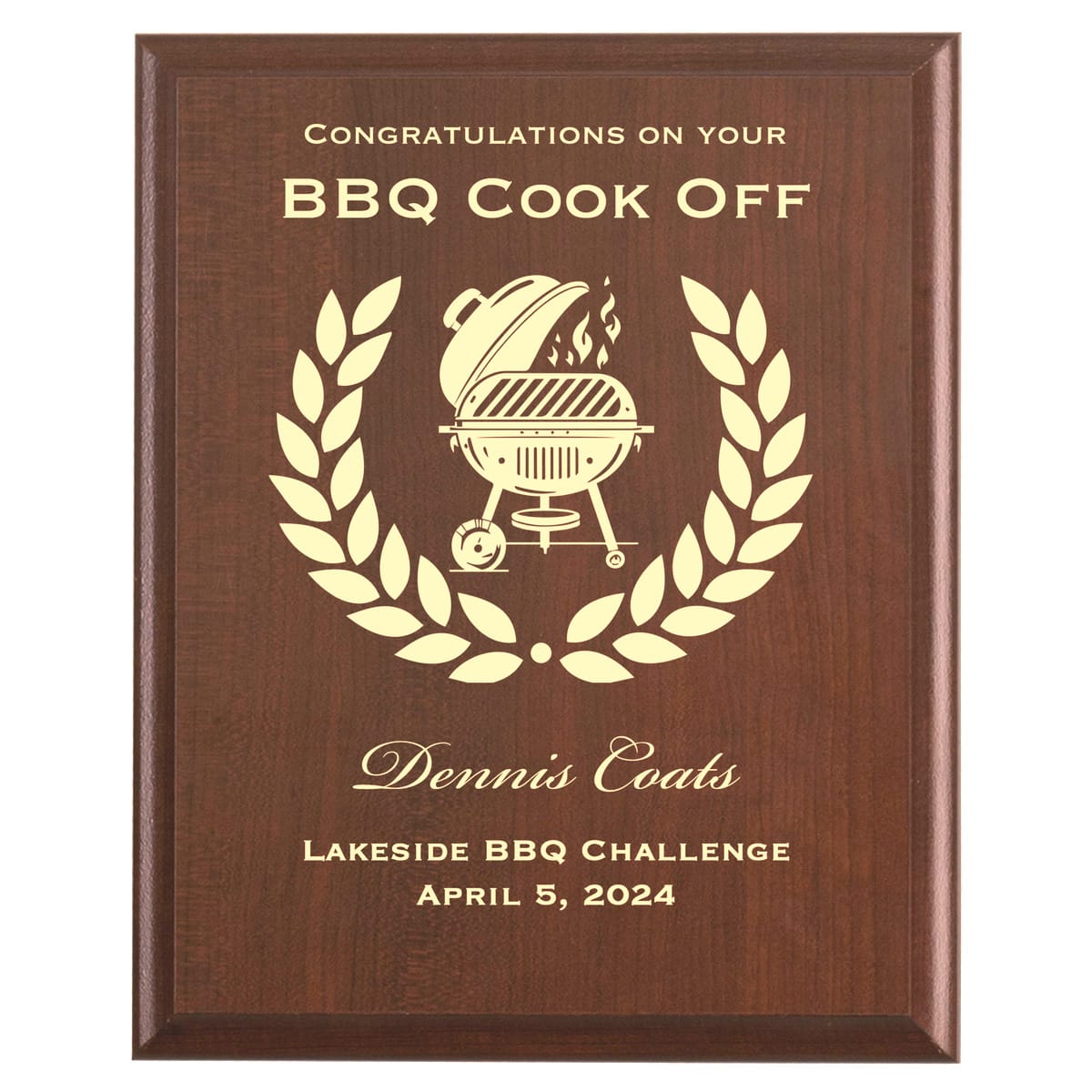 Plaque photo: BBQ Cook Off Award Plaque design with free personalization. Wood style finish with customized text.