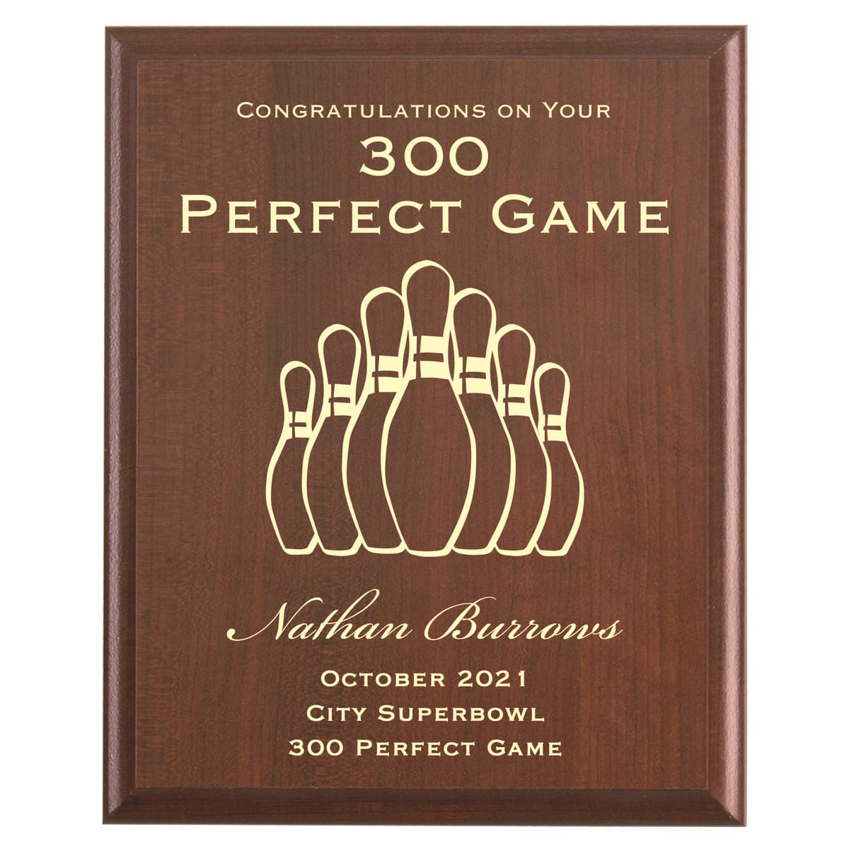 Plaque photo: Perfect Game Bowling Award design with free personalization. Wood style finish with customized text.