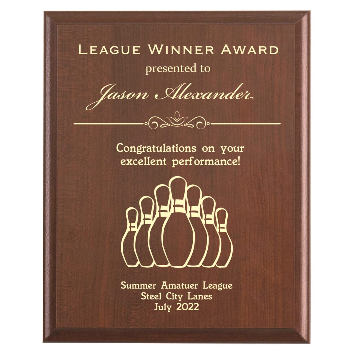 Plaque photo: Bowling League Winner Award design with free personalization. Wood style finish with customized text.