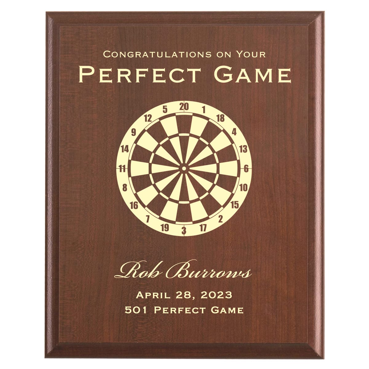 Plaque photo: Perfect Dart Game Award design with free personalization. Wood style finish with customized text.