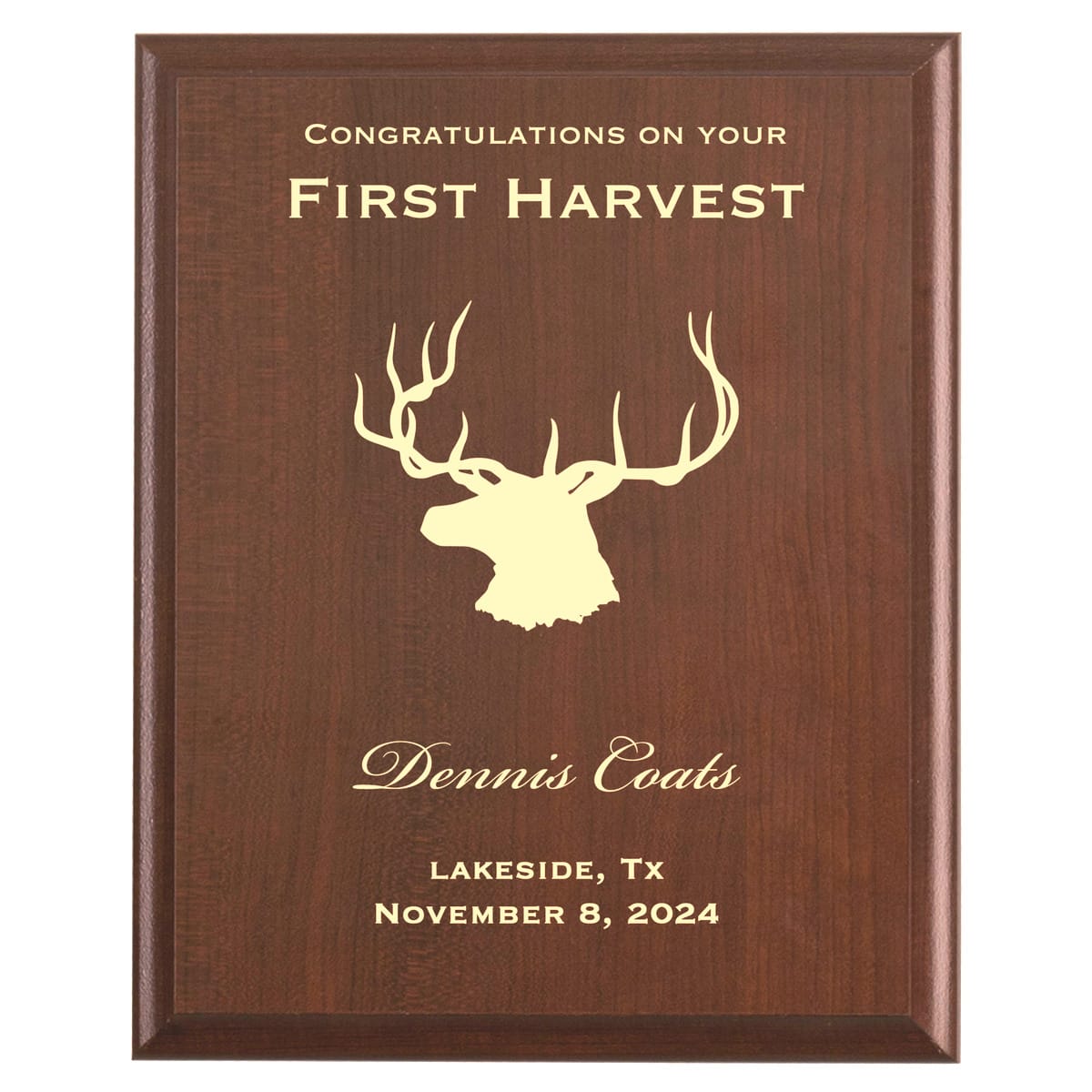 Plaque photo: First Hunt Award design with free personalization. Wood style finish with customized text.