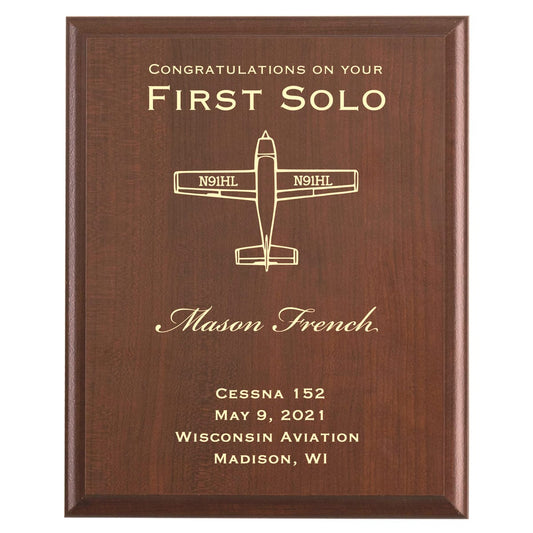 Plaque photo: First Solo Flight Award design with free personalization. Wood style finish with customized text.