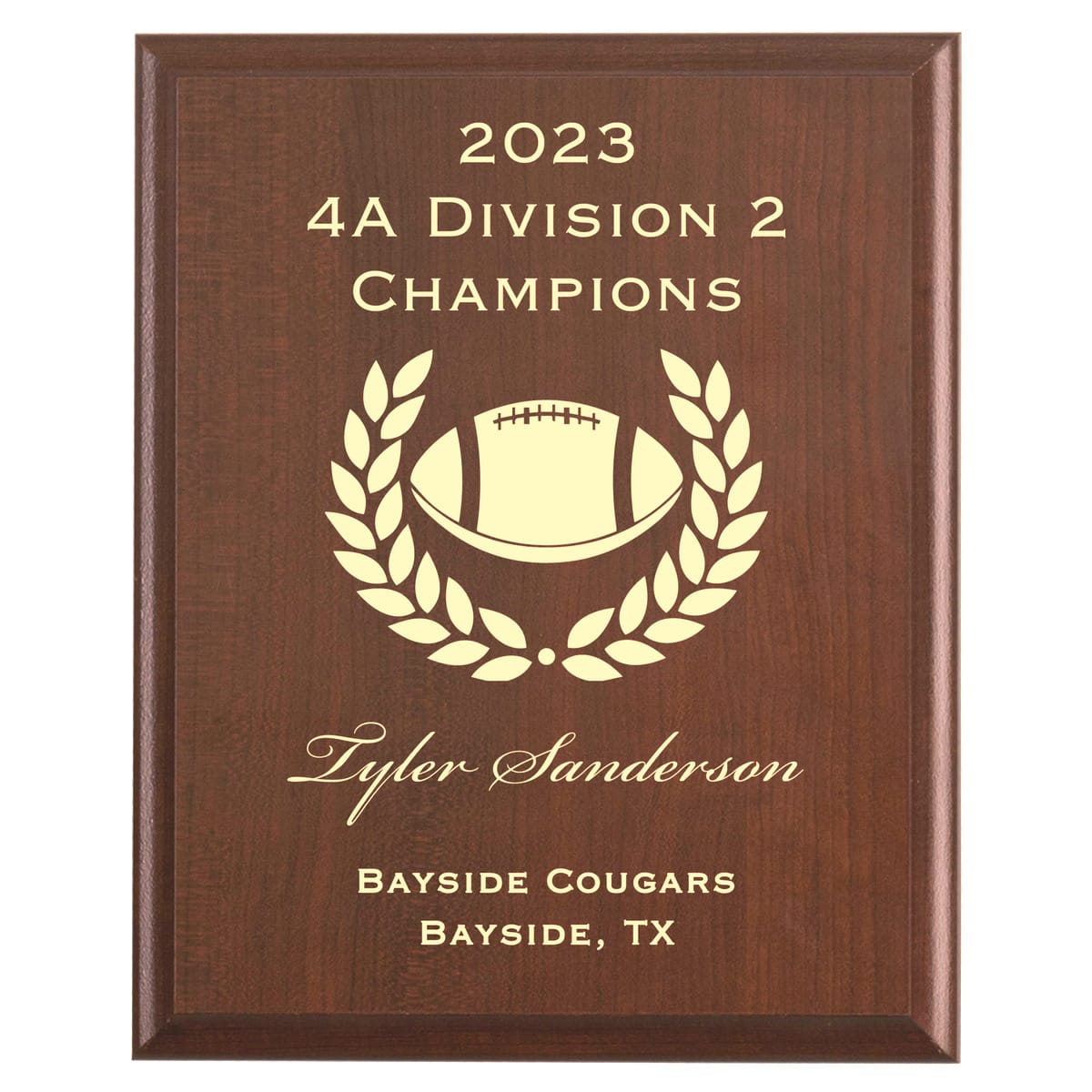 Plaque photo: Football Division Champions Award design with free personalization. Wood style finish with customized text.