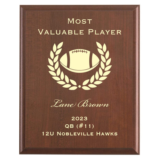 Plaque photo: Football MVP Award design with free personalization. Wood style finish with customized text.
