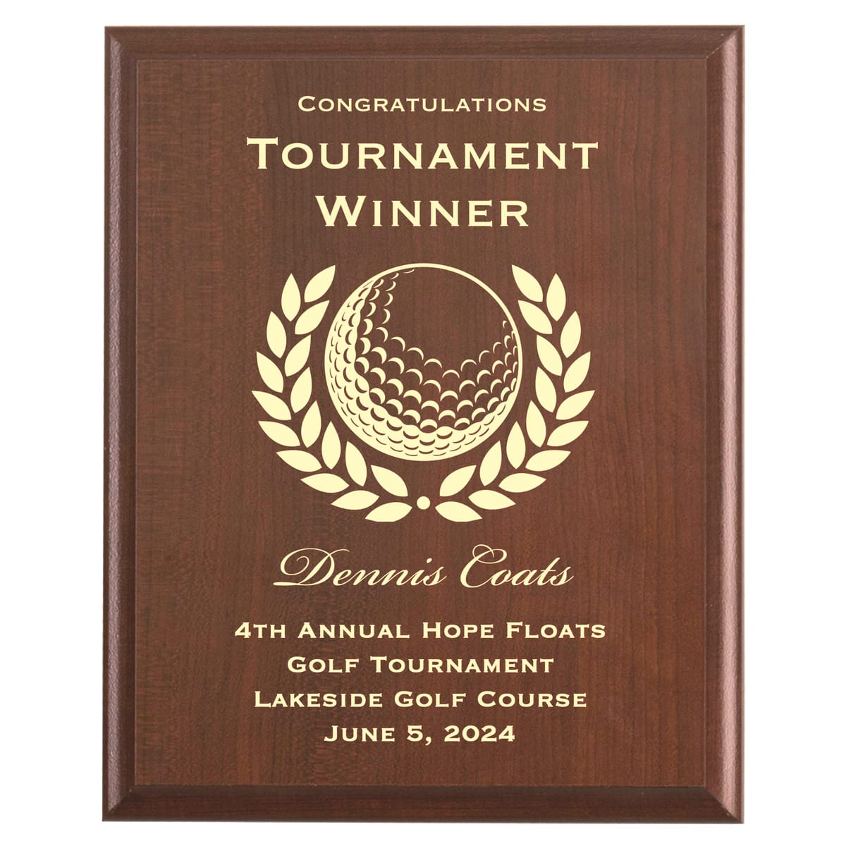 Plaque photo: Golf Tournament Award Plaque design with free personalization. Wood style finish with customized text.