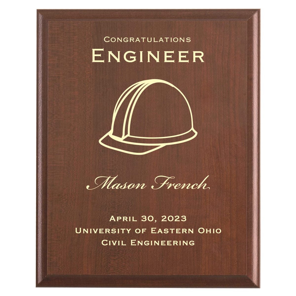 Plaque photo: Hard Hat Ceremony Commemorative Plaque for Engineers design with free personalization. Wood style finish with customized text.