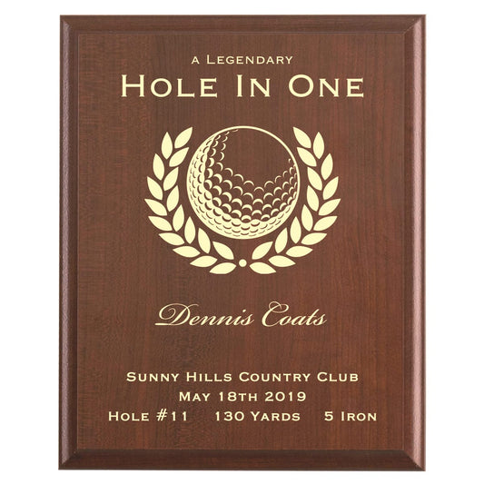 Plaque photo: Hole in One Golf Award design with free personalization. Wood style finish with customized text.