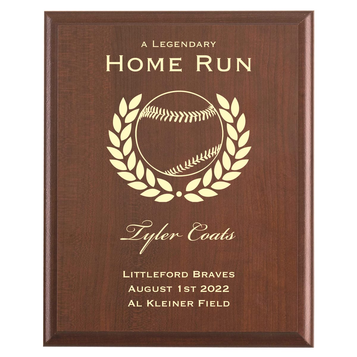 Plaque photo: Home Run Award design with free personalization. Wood style finish with customized text.