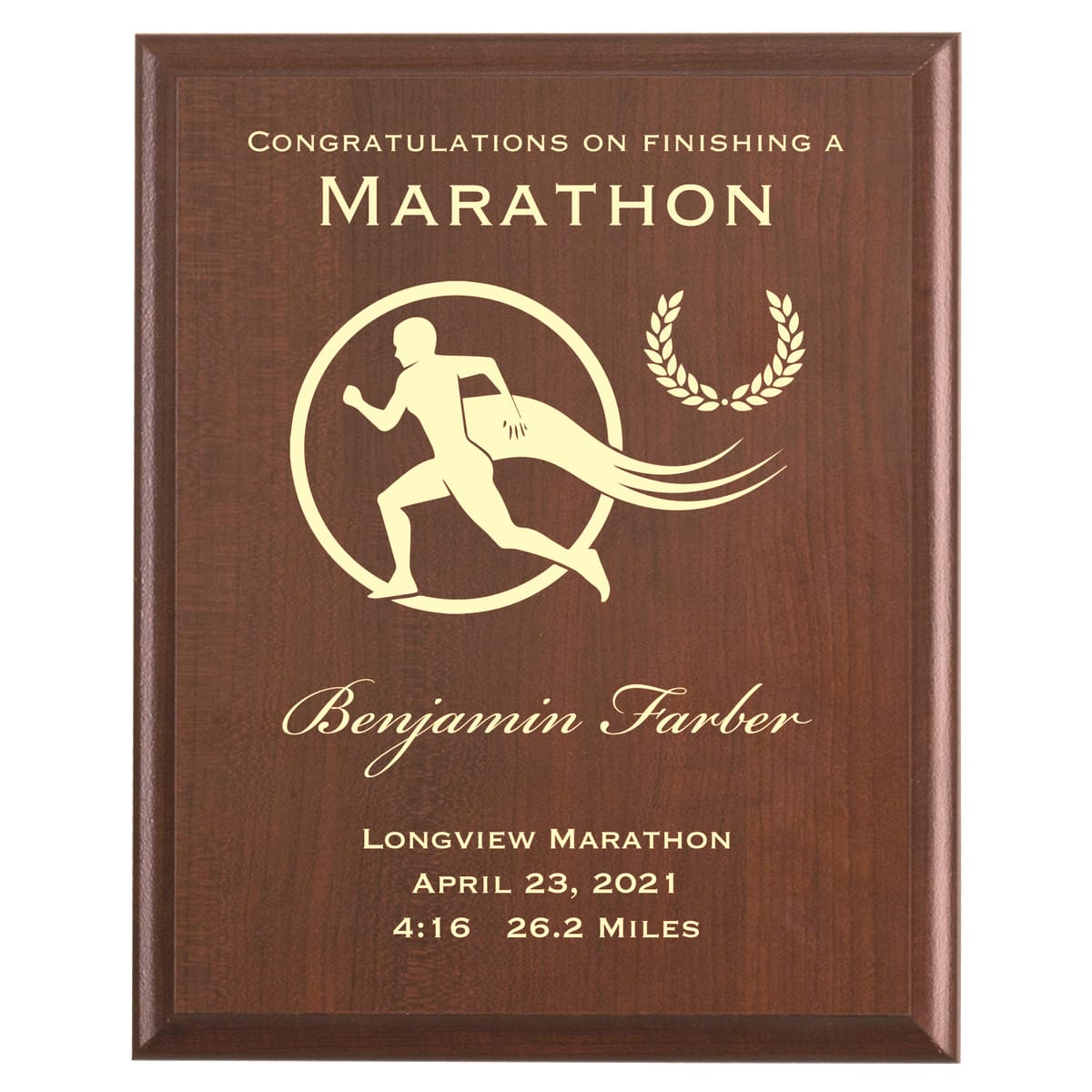 Plaque photo: Full Marathon Finisher Award design with free personalization. Wood style finish with customized text.