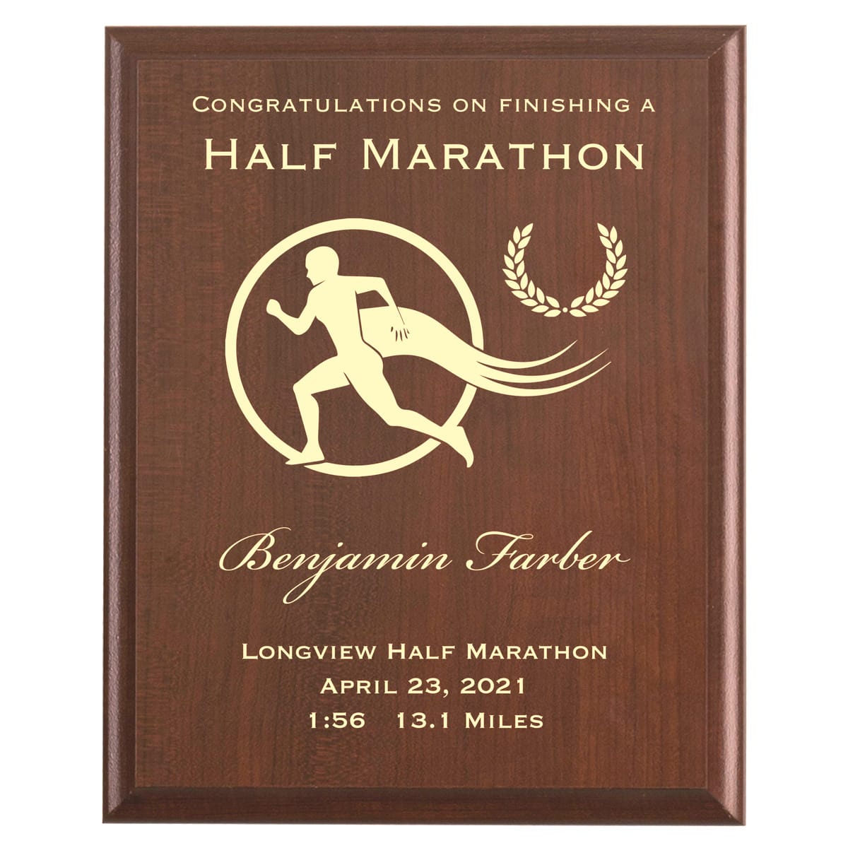 Plaque photo: Half Marathon Finisher Award design with free personalization. Wood style finish with customized text.