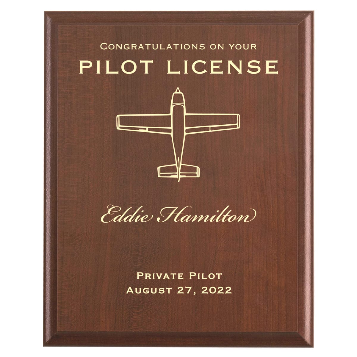 Plaque photo: New Pilot License Award design with free personalization. Wood style finish with customized text.