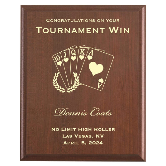 Plaque photo: Poker Tournament Award design with free personalization. Wood style finish with customized text.