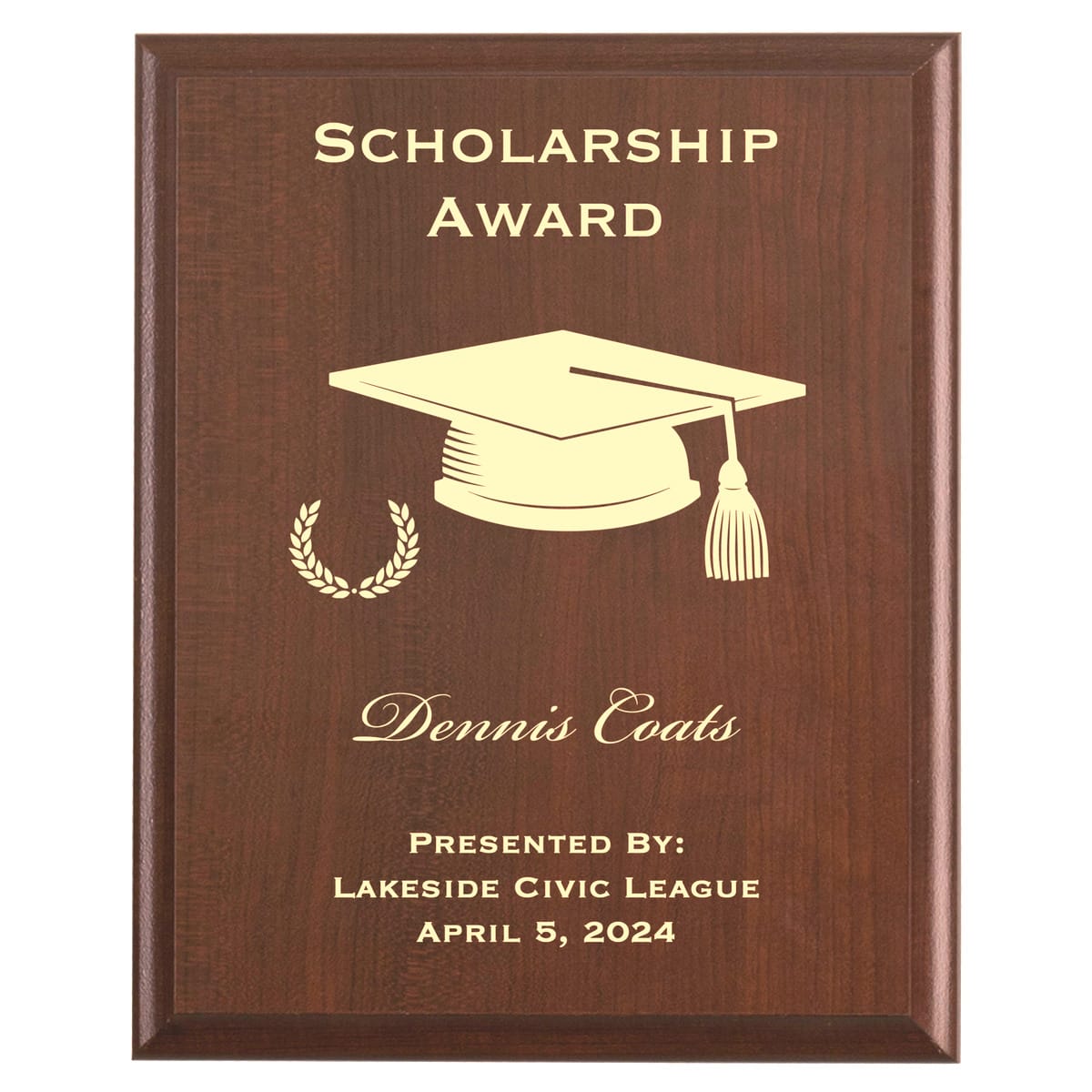 Plaque photo: Scholarship Award Plaque design with free personalization. Wood style finish with customized text.