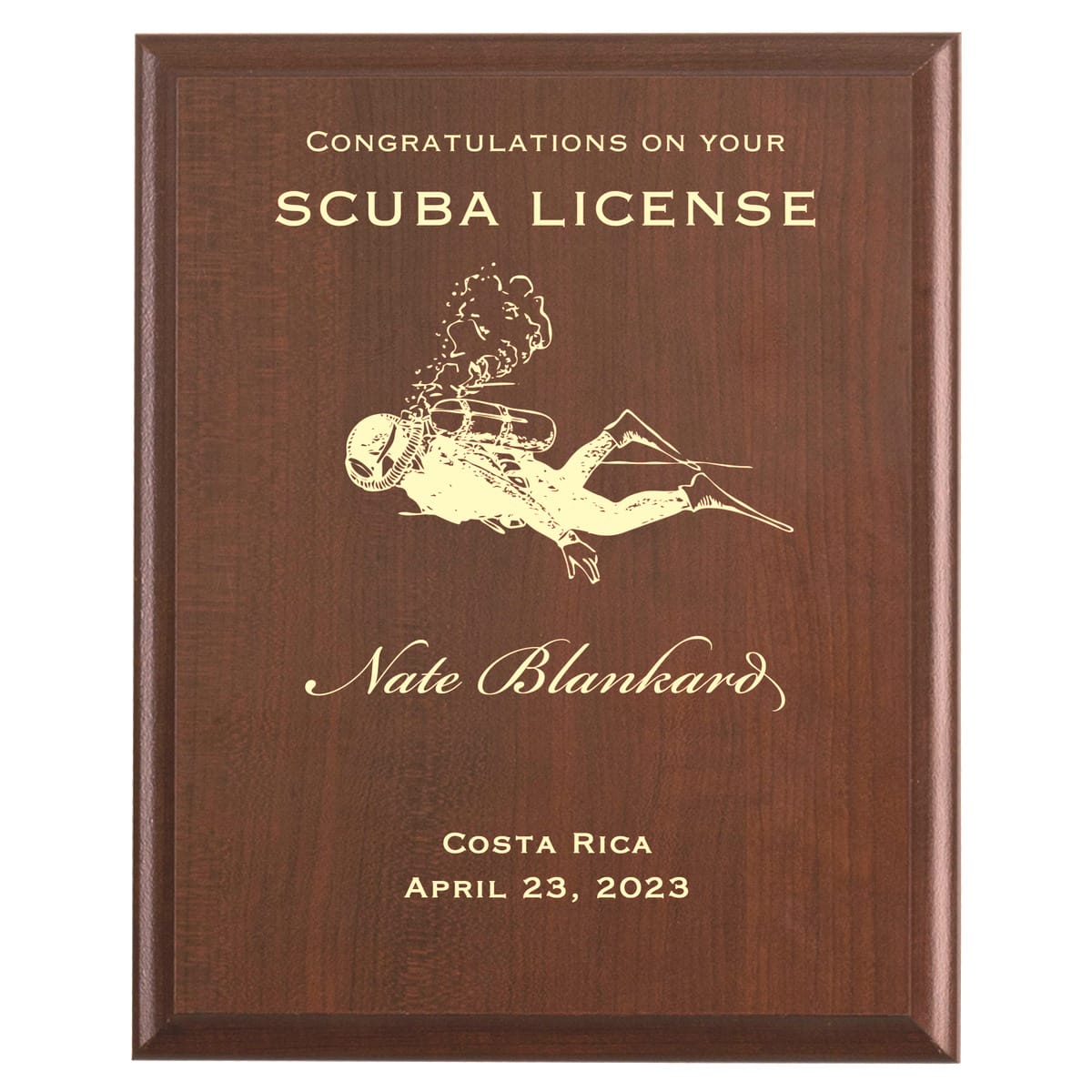 Plaque photo: SCUBA Certified Award design with free personalization. Wood style finish with customized text.