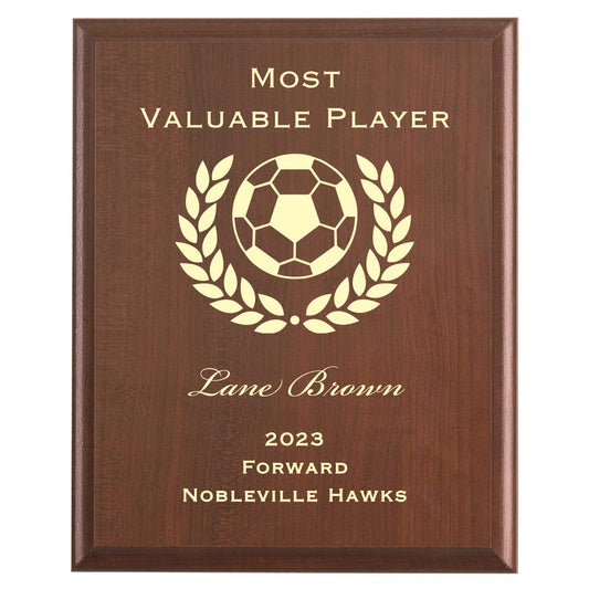 Plaque photo: Soccer MVP Award design with free personalization. Wood style finish with customized text.