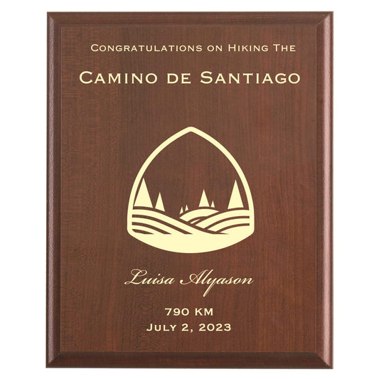 Plaque photo: Camino de Santiago Thru Hike Award design with free personalization. Wood style finish with customized text.