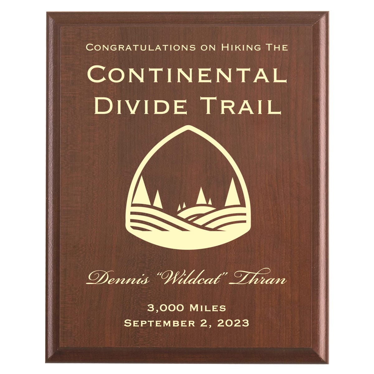 Plaque photo: Continental Divide Trail Thru Hike Award design with free personalization. Wood style finish with customized text.