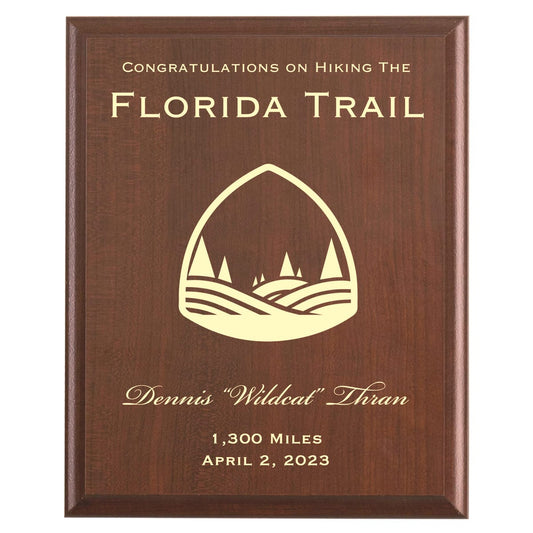 Plaque photo: Florida Trail Thru Hike Award design with free personalization. Wood style finish with customized text.