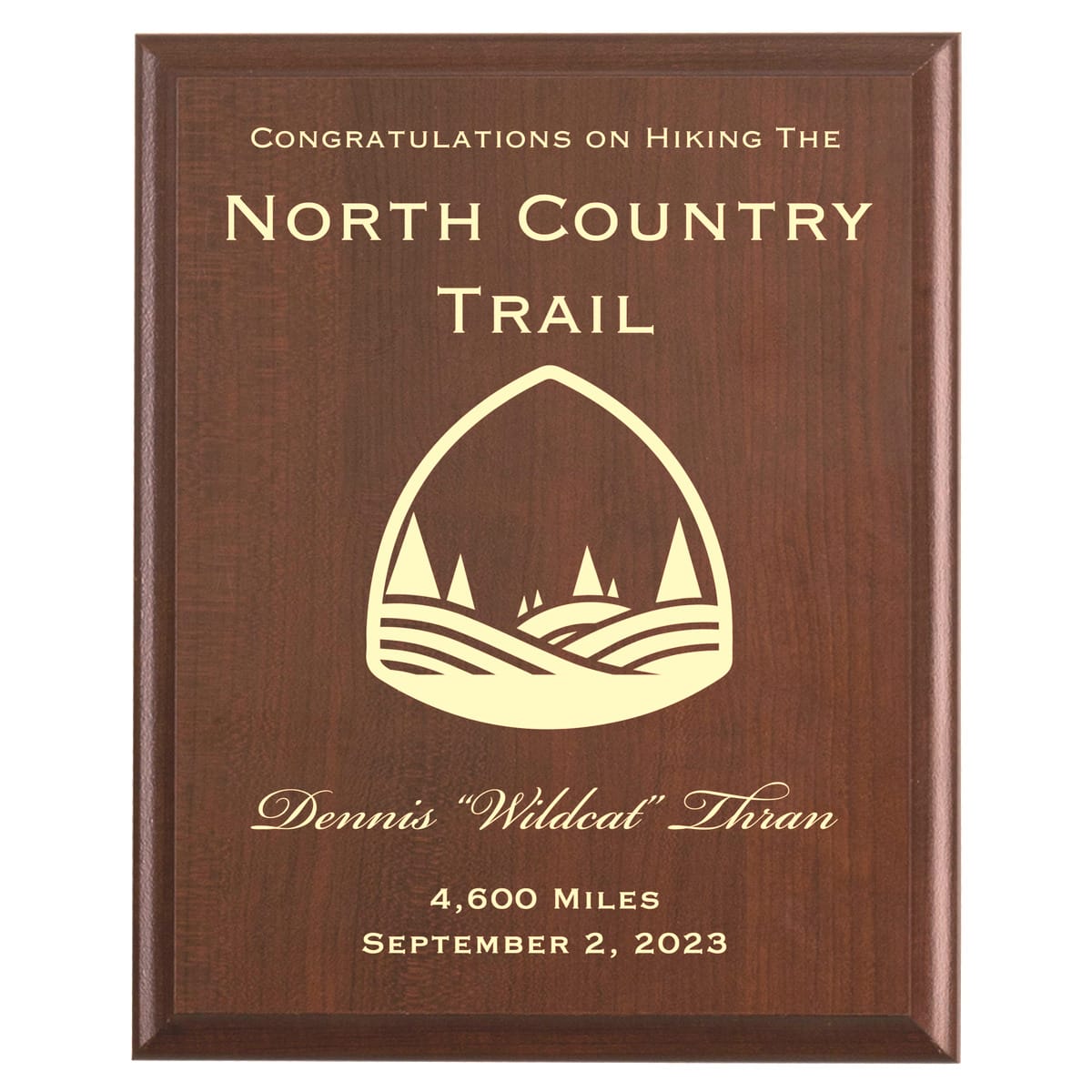 Plaque photo: North Country Trail Thru Hike Award design with free personalization. Wood style finish with customized text.