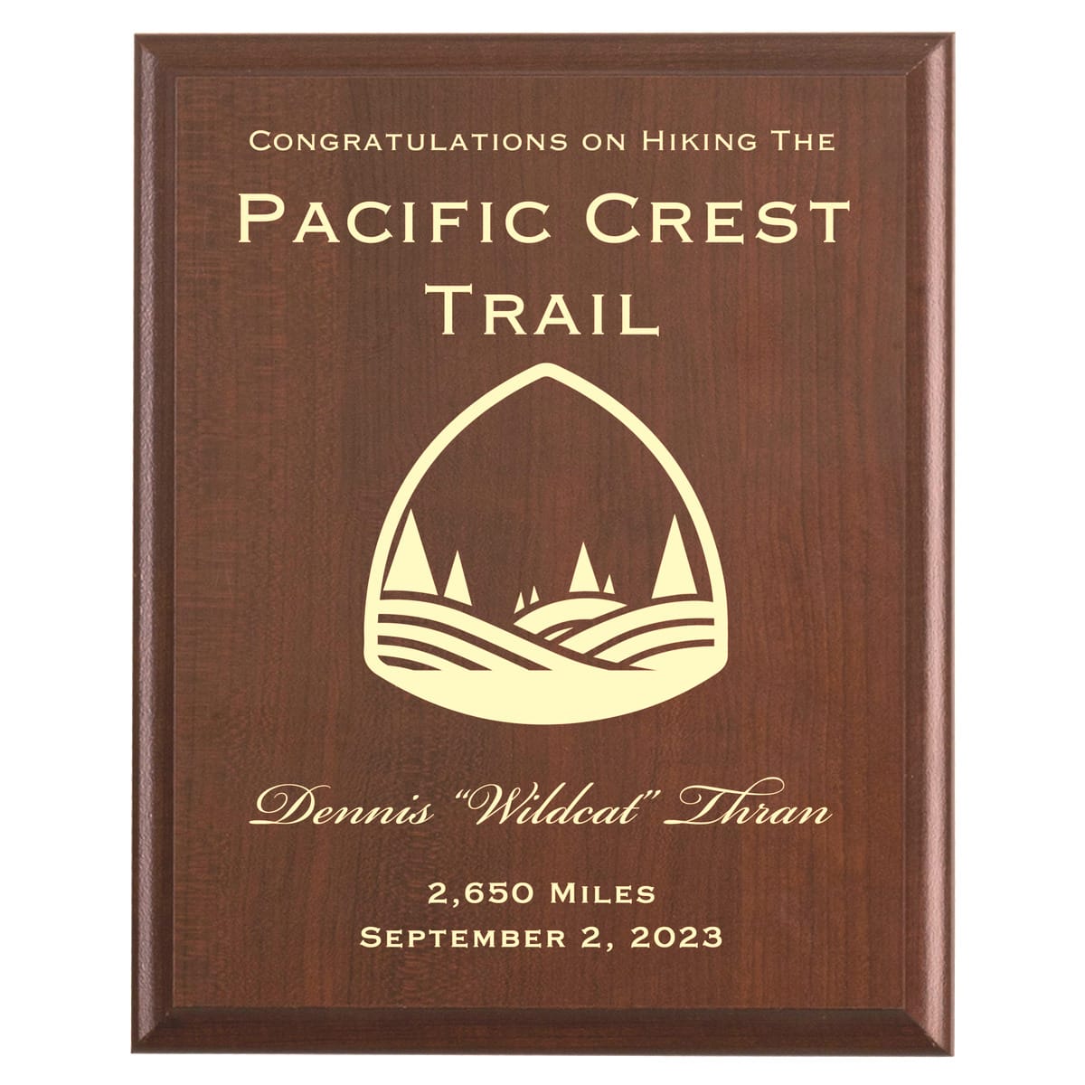 Plaque photo: Pacific Crest Trail Thru Hike Award design with free personalization. Wood style finish with customized text.