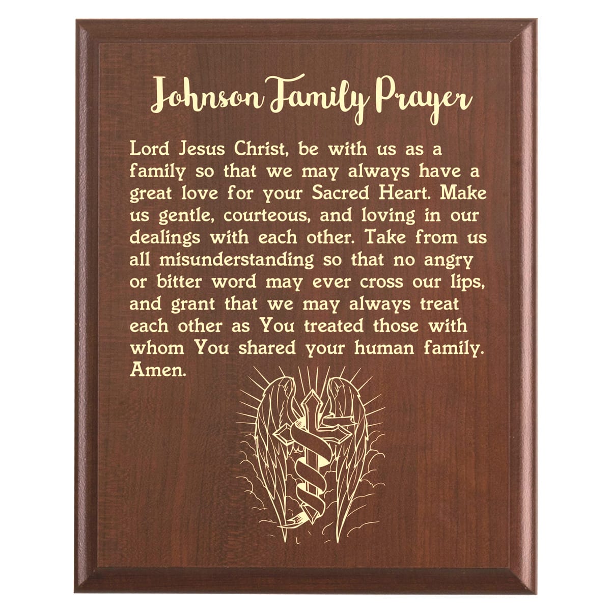 Plaque photo: Family Prayer Plaque design with free personalization. Wood style finish with customized text.